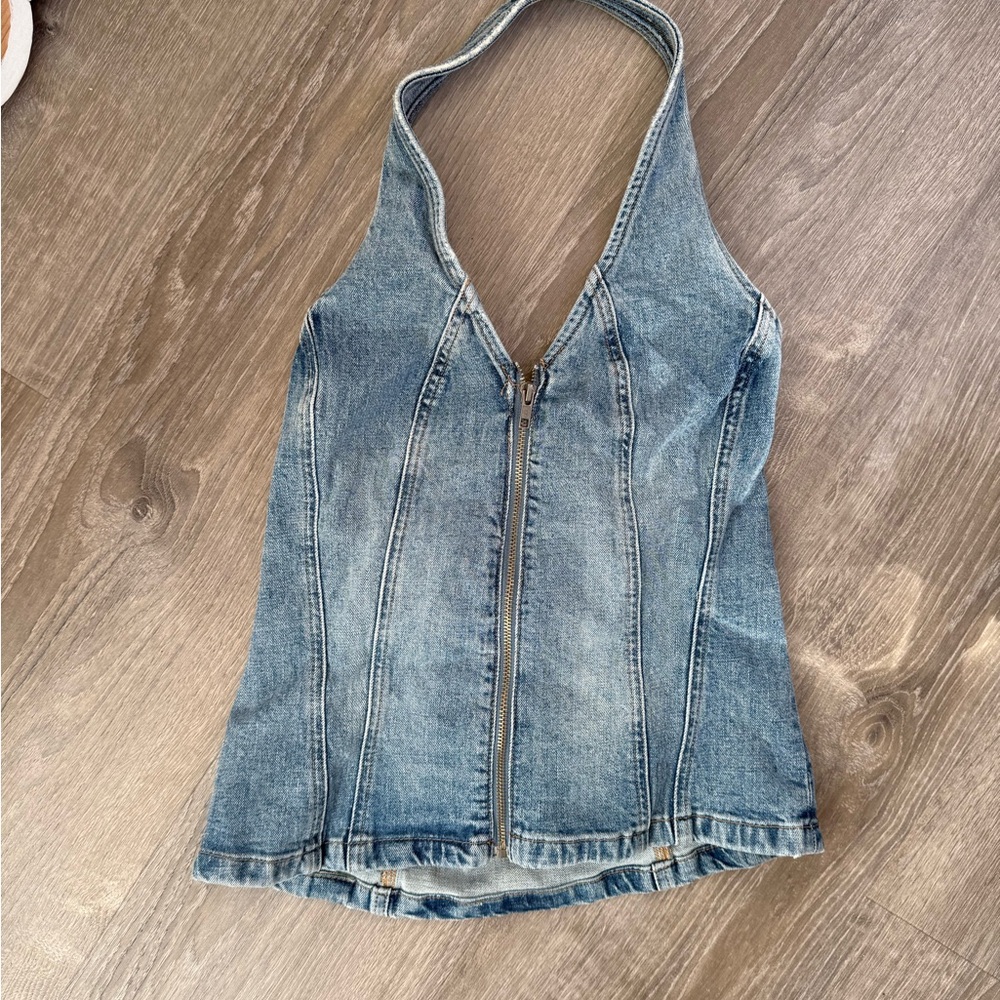 Denim Halter Top with Zipper